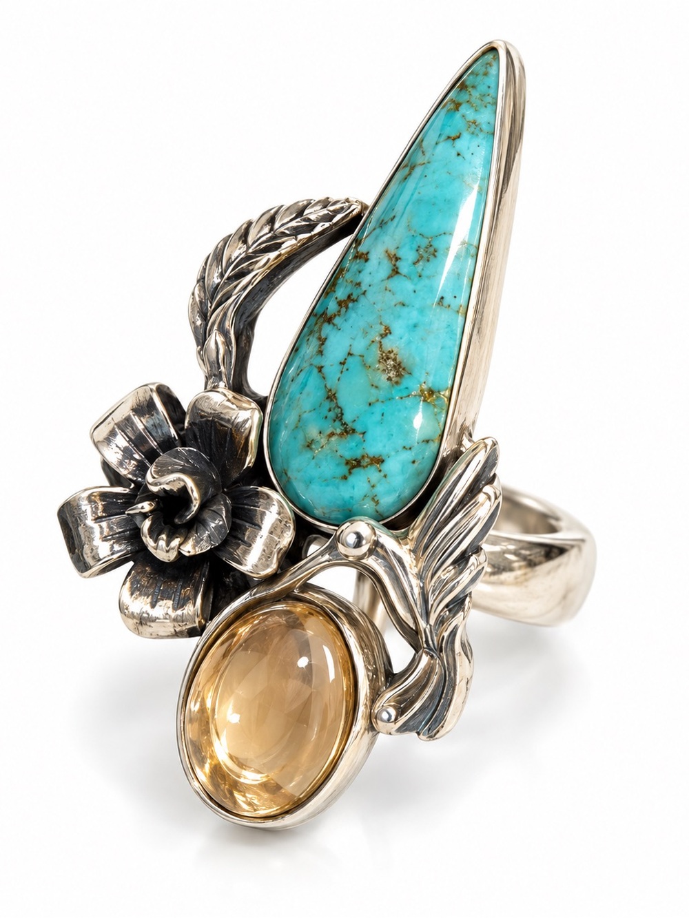 Sterling Silver Floral Turquoise & Citrine Statement Ring - Blue